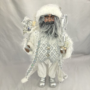 African American Silver & White Santa Figurine w/ Gift Bag- Windy Hill